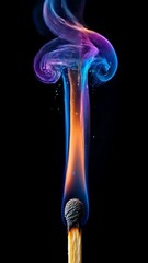 Poster - A striking matchstick ignites vibrant smoke spiraling in hues of blue and orange against a black background. Emphasizing fluid movement and ethereal quality, the lighting highlights intricate details.