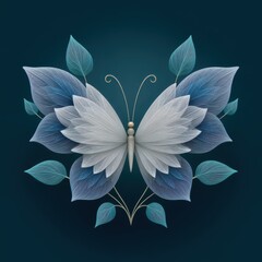 Poster - Teal and White Pixel Art Butterfly with Leaves on Dark Background