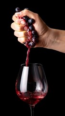 Poster - A hand squeezes dark grapes, releasing juice into a clear wine glass. Strong backlighting creates glowing highlights on the glass, contrasting with the dark background. 