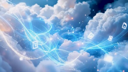 Poster - A serene cloudscape infused with ethereal blue light trails. Soft, fluffy clouds dominate the background, while shimmering particles add depth. The composition flows upward, creating a dreamy, tranqui