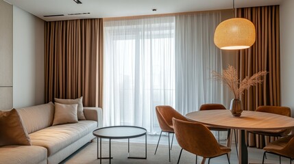 Poster - Bright and airy small apartment features contemporary furniture with neutral tones. A cozy sofa and dining area create an inviting atmosphere, enhanced by soft curtain drapes and decorative plants