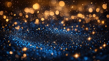 Abstract dark background with golden and blue glitter bokeh