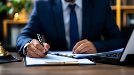 Poster - Cybersecurity Lawyer Workspace - A cybersecurity lawyer reviews documents, symbolizing legal expertise, data protection, security, contract review, and risk management