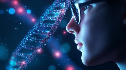 Poster - Genetic Research and Discovery - Close-up profile of a person observing a glowing DNA strand, symbolizing scientific breakthroughs in genetics