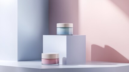 Poster - Pastel Cosmetic Jars on Geometric Display - Elegant pastel-colored cosmetic jars showcased on a modern geometric platform. Symbolizing beauty, luxury, skincare, freshness, and purity