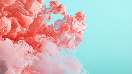 Aufkleber - Coral ink flows gracefully into soft white clouds, creating an enchanting abstract design against a smooth turquoise background, showcasing vibrant interactions