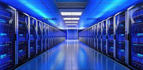 Poster - Bright symmetrical data center hallway with blue illuminated servers, perfect for IT services, hosting infrastructure and cloud security ads