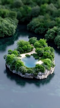 Aerial View of a Lush Tropical Island with a Secluded Lagoon