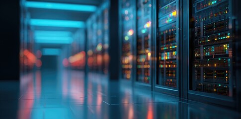 Aufkleber - Dimly lit futuristic data center corridor with glowing blue and orange LED server lights, ideal for tech marketing and cloud computing visuals
