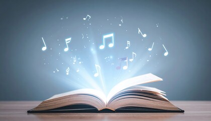 Poster - Open book emitting musical notes, symbolizing creativity and inspiration in literature and music, on a soft background