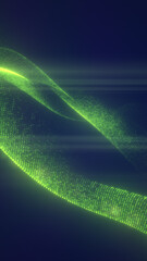 Poster - abstract green mesh structure of glowing lines and particles flowing across a dark blue background