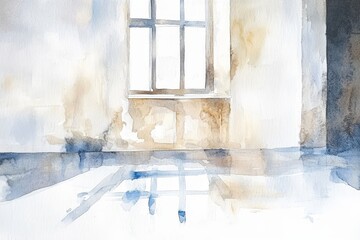 Poster - Serene Watercolor Minimalist Interior - A minimalist watercolor painting depicting a serene interior scene. Symbols of tranquility, light, reflection, space