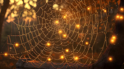 Dew-kissed spiderweb at dawn, glowing with tiny lights, intricate details, surrounded by out-of-focus forest