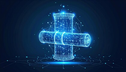 Poster - Futuristic digital representation of a scroll with interconnected nodes and glowing elements against a dark background
