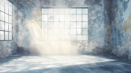 Poster - Sunlit Industrial Room: Watercolor Textures - Empty room, sunlight streaming, grunge wall, industrial windows, serene atmosphere. Represents peace, tranquility, potential, hope, and renewal