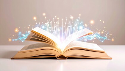 Poster - Open book with glowing light effects, symbolizing knowledge, creativity, and imagination in a mystic setting