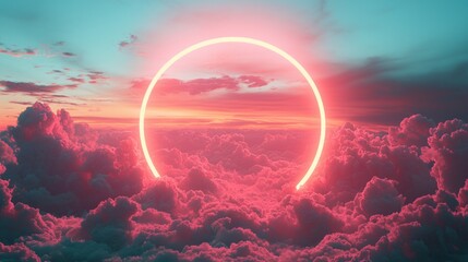 Poster - Vibrant colors fill the sky as the sun sets, creating a stunning view. Pink and teal light reflects off fluffy clouds, enhancing the beauty of twilight