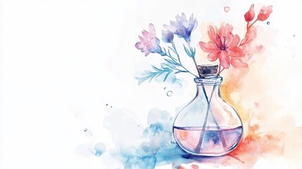 Poster - Watercolor Flowers in Glass Bottle - Delicate watercolor painting of colorful flowers in a clear glass bottle, soft color palette, artistic floral arrangement