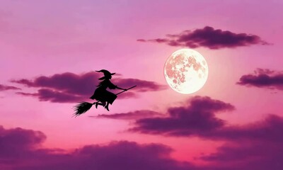 Wall Mural - Silhouette witch flying against full moon in colorful sky at dusk