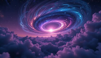 Wall Mural - Starlight Beam Corridor to Galaxy Background
A digital concept of an abstract corridor formed by converging starlight beams leading to a bright galactic horizon, with purple and cyan nebula accents, 