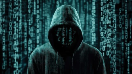 Poster - hacker in hoodie with binary code