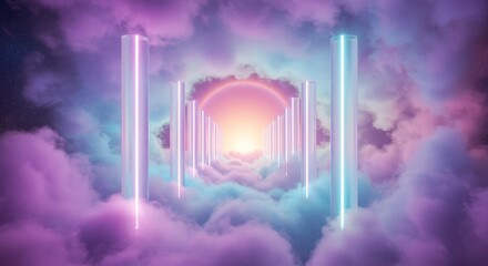 Wall Mural - Starlight Beam Corridor to Galaxy Background
A digital concept of an abstract corridor formed by converging starlight beams leading to a bright galactic horizon, with purple and cyan nebula accents, 