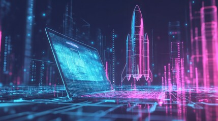 Poster - Rocket launch above futuristic cityscape