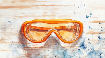 Poster - Watercolor Orange Safety Goggles on Wood - Safety, protection, craftsmanship, artistry, summer. Orange goggles rest on light wood, watercolors add vibrancy