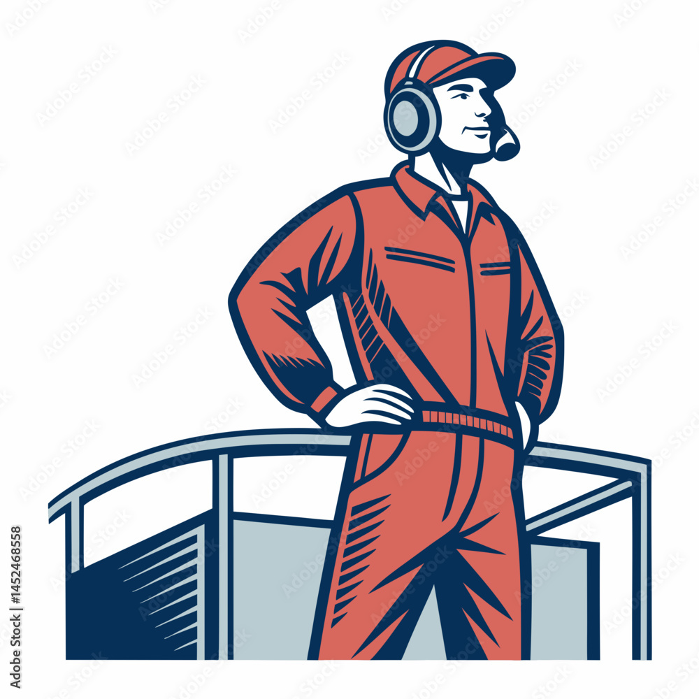 Create a bold vector illustration of a crew chief intensely focused ...