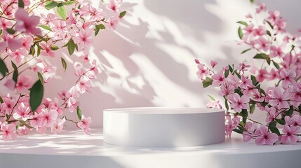 Poster - Delicate pink cherry blossoms cascade around a minimalist white pedestal, casting gentle shadows in a tranquil environment, ideal for showcasing products or art