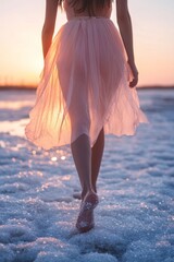 Aufkleber - A woman strolls through a shimmering salt flat, her bare feet touching the cool ground. The sunset casts a warm glow as she wears a delicate, flowing skirt, creating a serene atmosphere