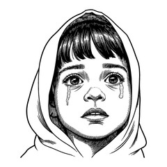 Wall Mural - arab girl crying with tears in hooded gown black and white outline line art drawing