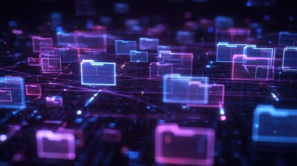 Poster - abstract network grid with files and folders, futuristic software interface, digital document manage