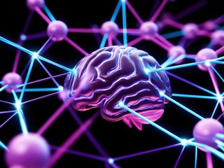 Poster - Neon Brain Network Connecting Spheres on Black Background