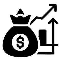 Poster - Investment growth vector icon showing money bag with dollar sign and rising graph for financial success isolated on transparent background