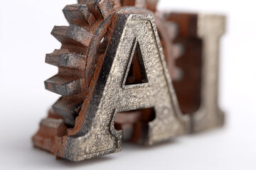 Poster - Close-up of rusty gears forming AI letters, showcasing industrial design and artificial intelligence concept, suggesting innovation and technology