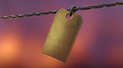Aufkleber - Gold tag hanging on a wire against a blurred sunset background, showcasing blank space for text or branding, ideal for minimalist designs or announcements