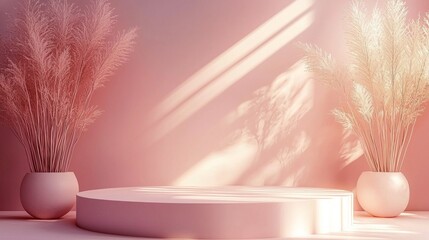 Poster - A round platform is positioned in a soft pink room adorned with tall, elegant plants in white pots. Natural light filters through, enhancing the serene atmosphere