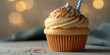 © Mirivox - Vanilla cupcake with buttercream frosting and sprinkles, a single candle, bokeh background, showcasing festive dessert for birthday celebrations