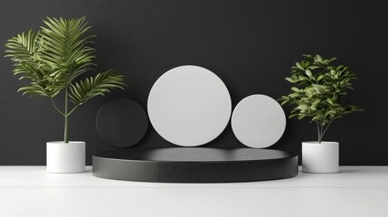 Poster - A stylish studio space showcases a round black platform surrounded by white and black circular shapes. Lush greenery in modern pots adds a vibrant touch to the minimalist decor