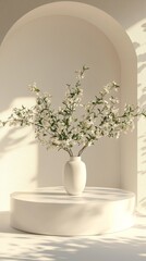 Fototapete - A beautiful arrangement of flowering branches in a simple white vase sits on a circular platform. Soft afternoon sunlight creates delicate shadows against a minimalist backdrop