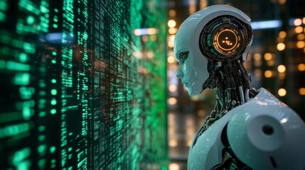 Poster - A sleek robot stands in front of a wall filled with glowing green binary code, reflecting a high-tech digital landscape. The atmosphere is filled with a sense of advanced technology