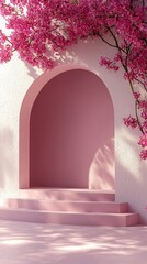Poster - A beautiful archway painted in soft pink hues creates a serene entrance, framed by vibrant blooming flowers. The setting is peaceful and bright, ideal for relaxation or contemplation