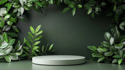 Poster - Lush green leaves frame a minimalist circular platform in a calm indoor environment, ideal for showcasing products. The greenery creates a refreshing backdrop