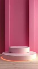 Poster - A circular pink podium rests on a wooden floor, illuminated by soft light from below. The vibrant pink walls create a striking backdrop, ideal for presentations or art displays