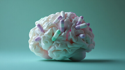 Aufkleber - 3D render of brain model with pastel capsules, representing medication, mental health, or cognitive function.  Symbolic of treatment or the impact of pharmaceuticals