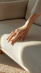Fototapete - A woman's hand delicately lands on the textured surface of a chair, showcasing the interplay of light and shadow in a cozy living room. The warm afternoon sun enhances the atmosphere