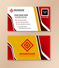 Poster - duoble sided identity card on horizontal layout. Elegance Red and Yellow Curved Business Card Template. white and yellow background.