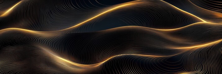 Poster - Dynamic abstract graphic layout featuring wavy golden lines on a dark background
