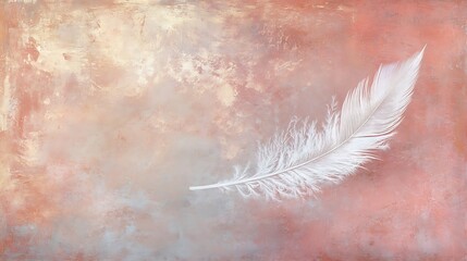 Poster - Elegant white feather floating against a dreamy pink textured backdrop